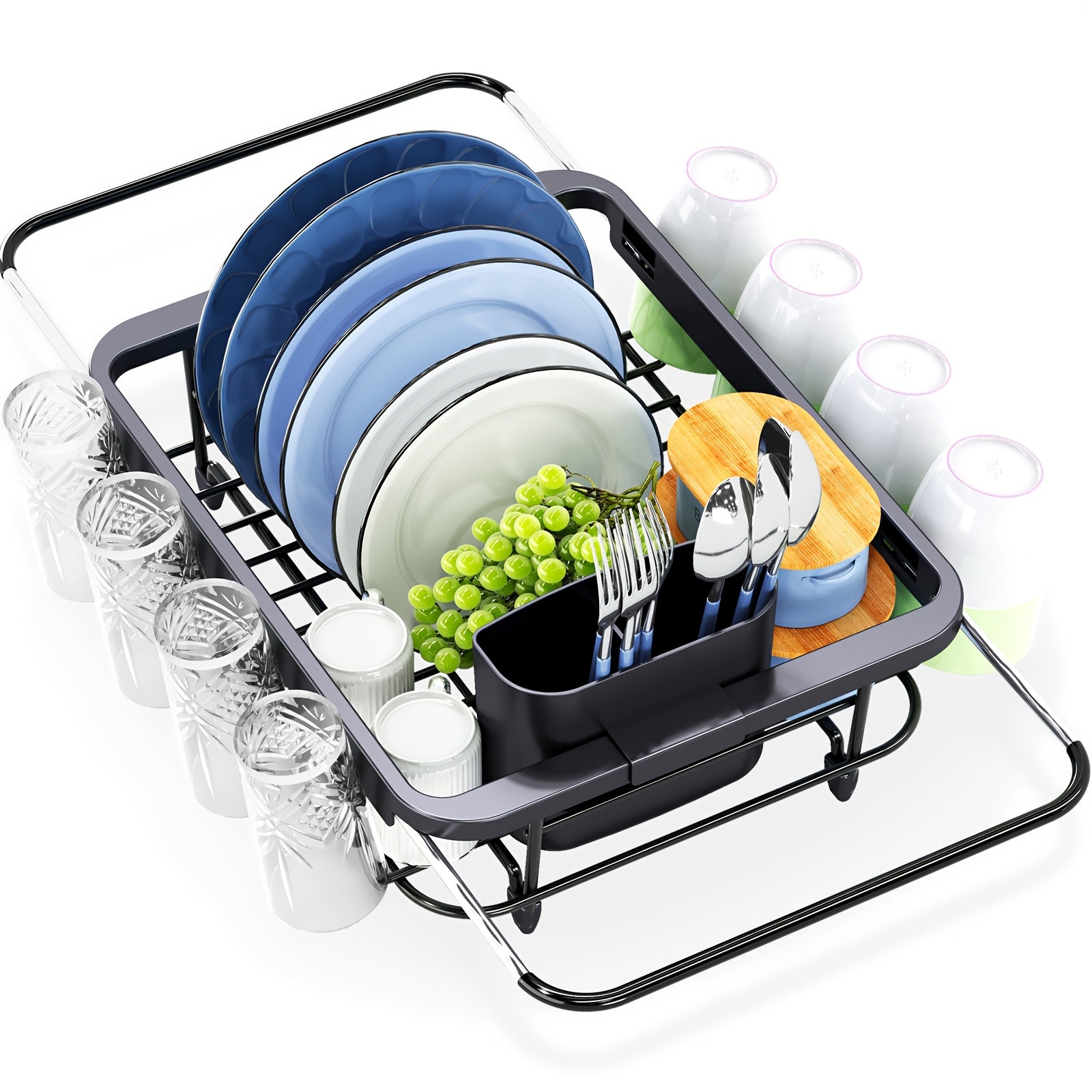 KINGRACK Expandable Dish Rack with Utensil Holder, Adjustable Over-the-Sink or Countertop Design, Rustproof Metal Kitchen Organizer for Plates, Cups & Utensils, Food-Safe, Perfect for Holidays & Everyday Use, Countertop Dish Rack | Sleek Dish Holder |