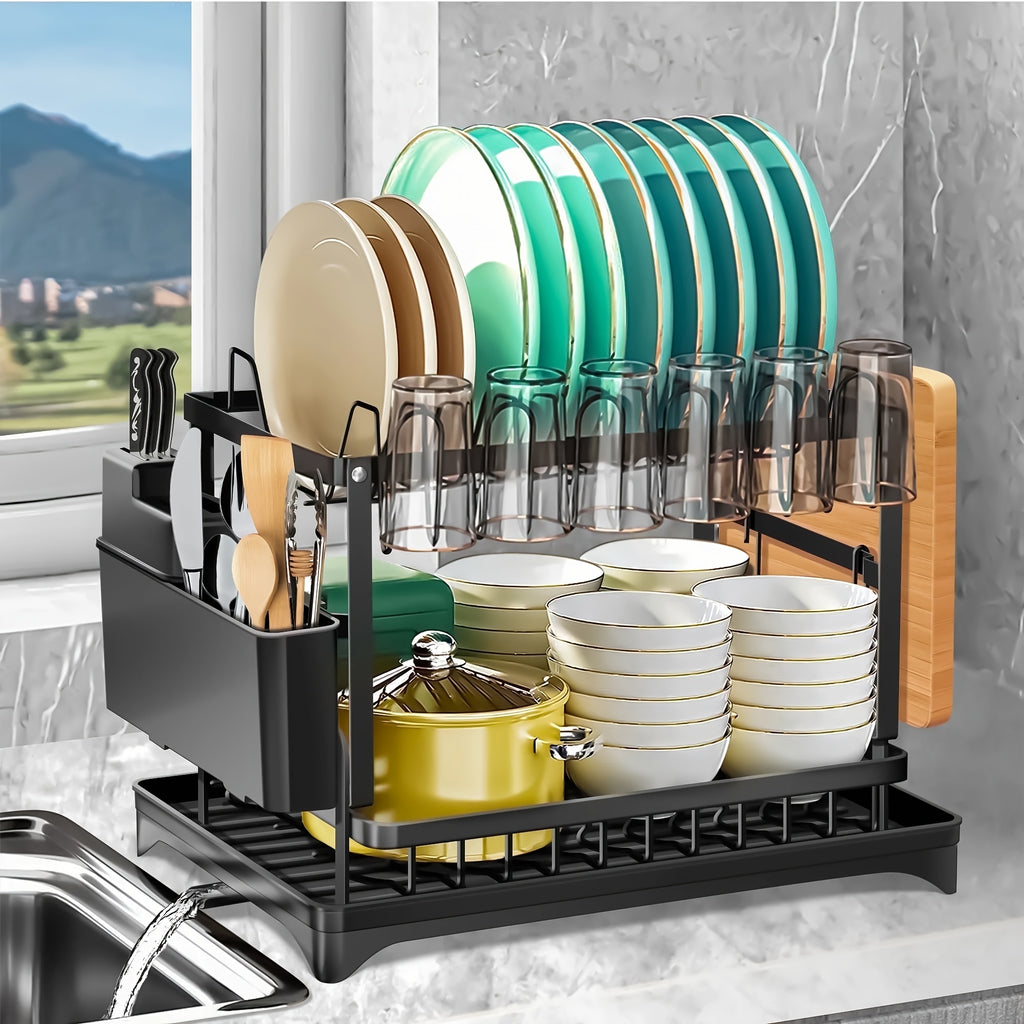 Heavy-Duty Space-Saving Dish Drying Rack - Two-Tier Kitchen Organizer with Draining Board, Sturdy Metal Construction for Plates, Bowls, Cups, Utensils - Compact Countertop Dish Rack for Home & Commercial Kitchens, Sleek Modern Design, Efficient Storage