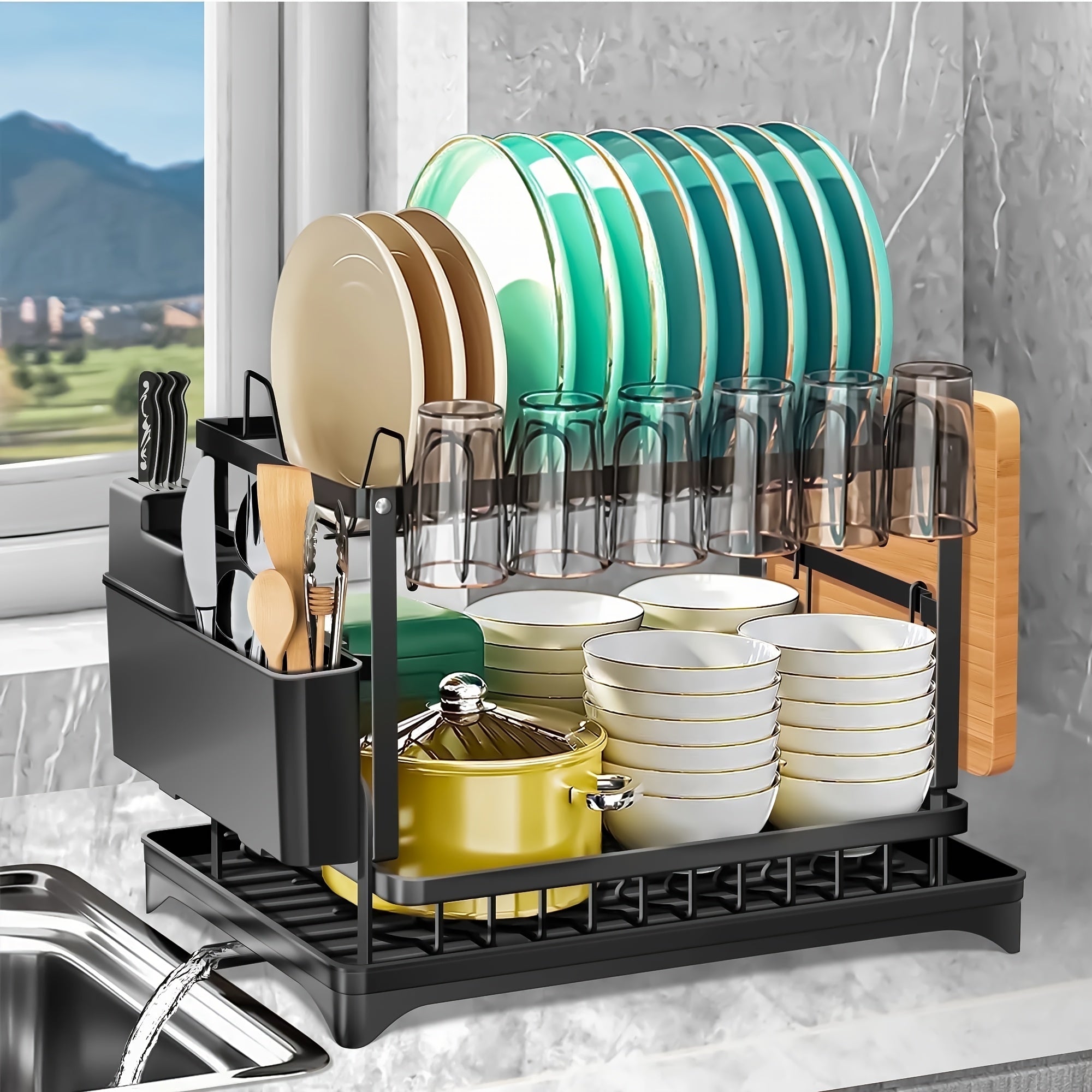 Heavy-Duty Space-Saving Dish Drying Rack - Two-Tier Kitchen Organizer with Draining Board, Sturdy Metal Construction for Plates, Bowls, Cups, Utensils - Compact Countertop Dish Rack for Home & Commercial Kitchens, Sleek Modern Design, Efficient Storage
