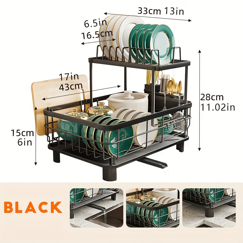 2Tier Large Dish Drying Rack - Rotatable Drain Spout Dish Rack With Drainboard, Utensil Holder, Chopstick Holder Multifunctional Dish Rack For Kitchen Counter