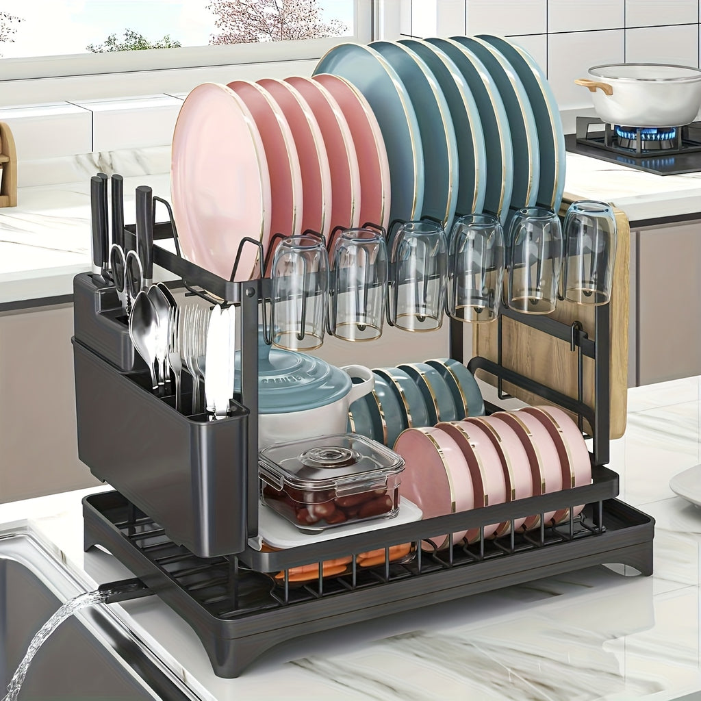 Heavy-Duty Space-Saving Dish Drying Rack - Two-Tier Kitchen Organizer with Draining Board, Sturdy Metal Construction for Plates, Bowls, Cups, Utensils - Compact Countertop Dish Rack for Home & Commercial Kitchens, Sleek Modern Design, Efficient Storage