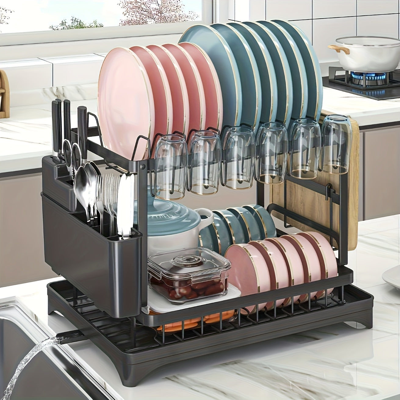 Heavy-Duty Space-Saving Dish Drying Rack - Two-Tier Kitchen Organizer with Draining Board, Sturdy Metal Construction for Plates, Bowls, Cups, Utensils - Compact Countertop Dish Rack for Home & Commercial Kitchens, Sleek Modern Design, Efficient Storage