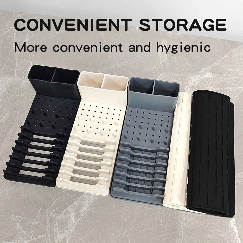 2pcs Silicone Dish Storage Rack Set, Non-Punch Collapsible Kitchen Countertop Organizer with Scratch-Resistant Removable Draining Mat, Home Organization for Bowls and Plates