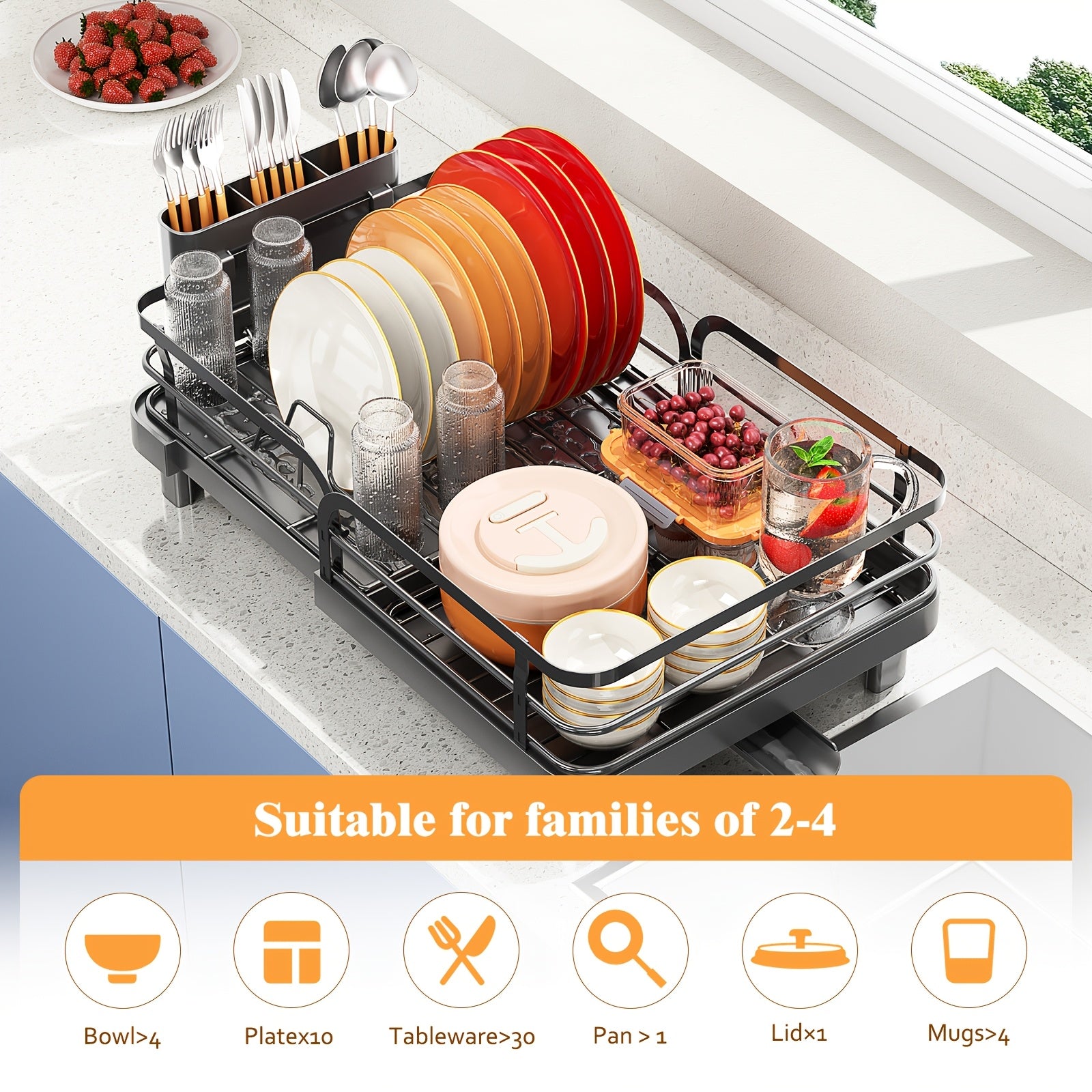 KINGRACK Expandable Dish Drying Rack, Extendable Dish Rack with Spout, Collapsible Dish Dryer Black, Large Dish Drainer for Kitchen Counter, Foldable Dish Drainer Drying Rack with Cutlery Holder