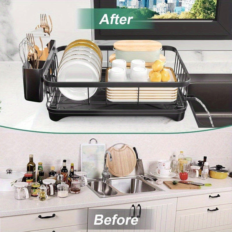 Large Capacity Single Tier Dish Drying Rack with Utensil Holder & Cutlery Tray - Space-Saving Countertop Organizer, Durable Black Kitchen Counter Dish Drainer for Plates, Bowls, Cups, Utensils - Compact Design for Small Kitchens, Dish Drying Rack for
