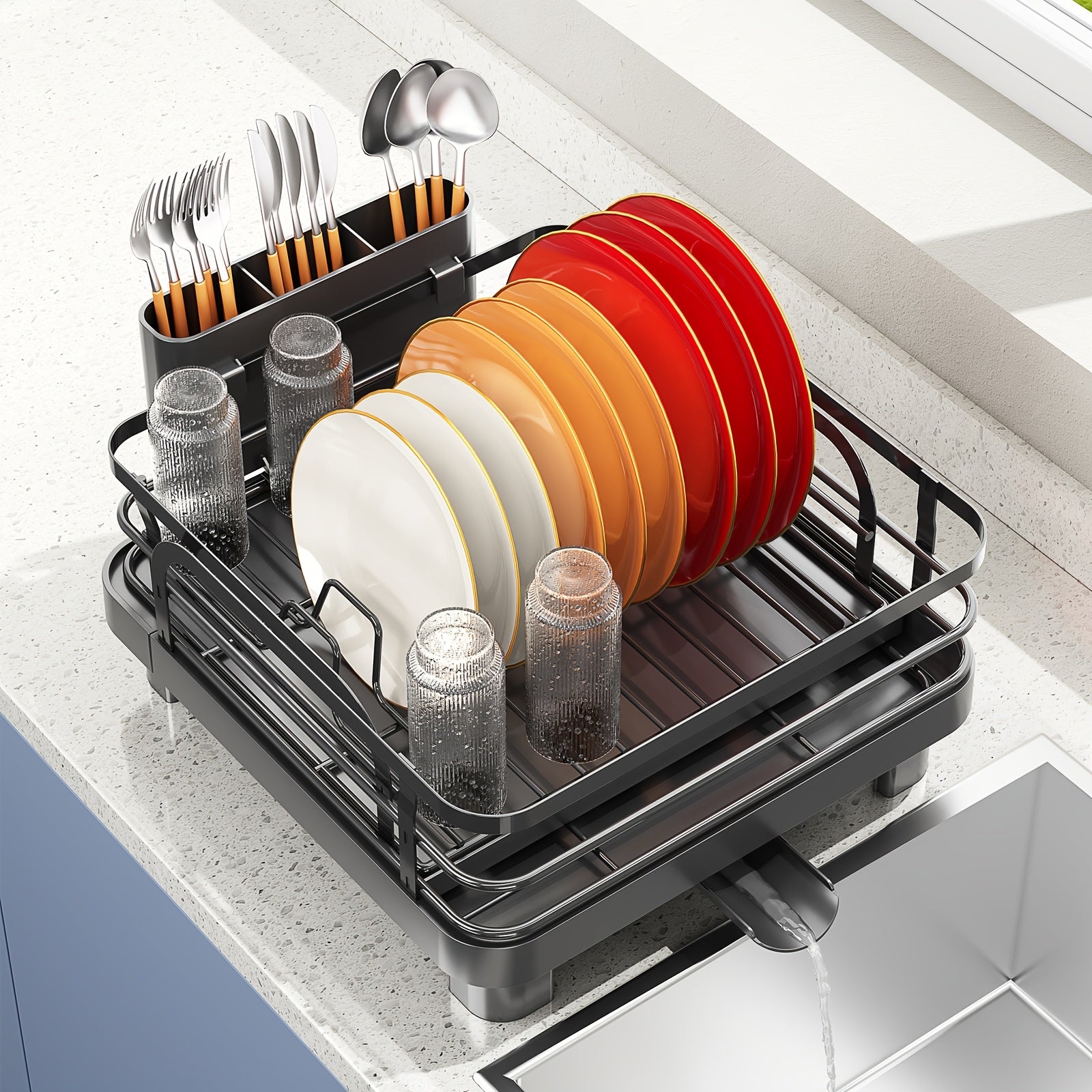 KINGRACK Expandable Dish Drying Rack, Extendable Dish Rack with Spout, Collapsible Dish Dryer Black, Large Dish Drainer for Kitchen Counter, Foldable Dish Drainer Drying Rack with Cutlery Holder